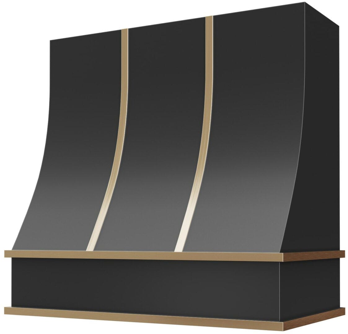 black Hoodsly range hood with gold strapping